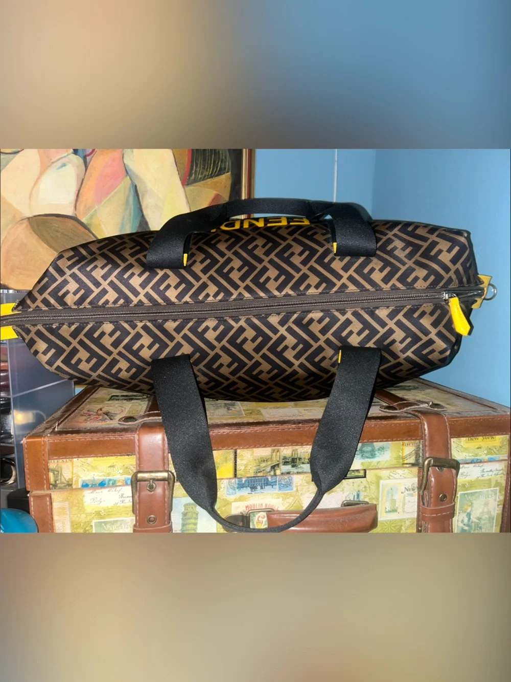 Fendi Brown Monogram Duffle with Yellow Logo and Black Straps